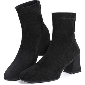 Women's Square Toe Ankle Chestnut Boot Faux Suede Low Black Heel Chelsea Shoes